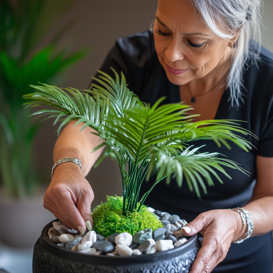 A lady putting the final pebbles on a potted fern plant