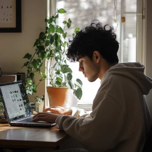 young man working on a laptop in his home. a houseplant is visible behind him.