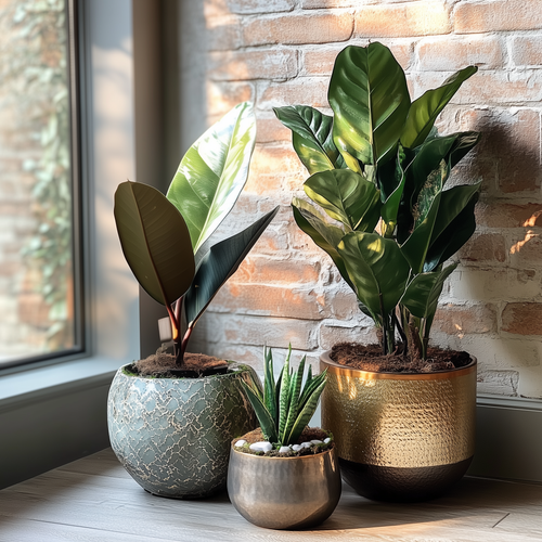 A set of three different artificial plants inside a house with an exposed brick wall