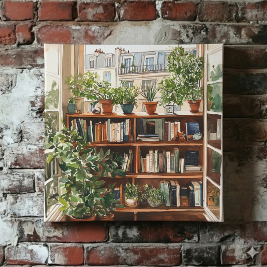 A bright and airy watercolour style Plantish canvas comprised of an open window on a high floor overlooking a city, framed on a distressed brick wall.
