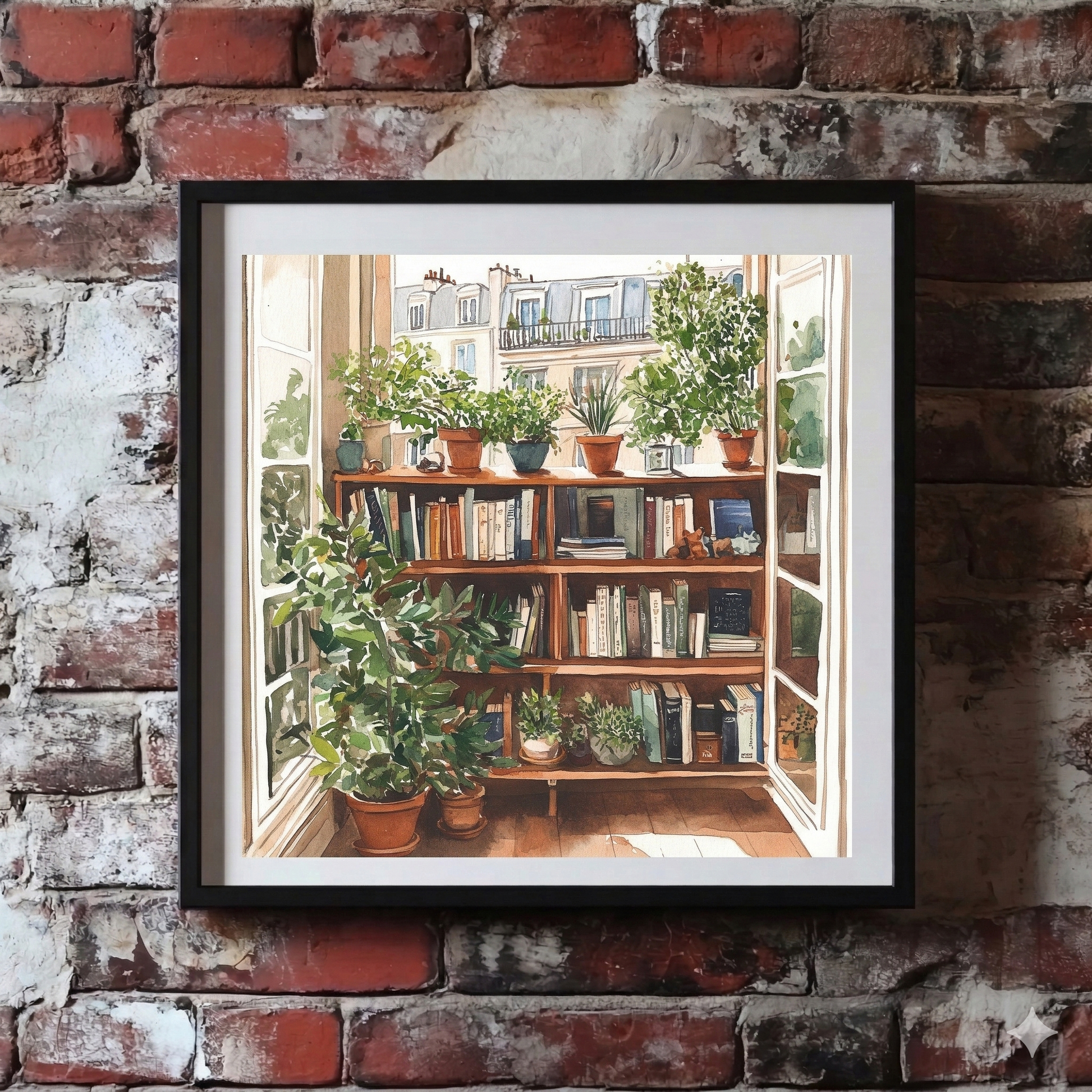 A bright and airy watercolour style Plantish print comprised of an open window on a high floor overlooking a city, framed on a distressed brick wall.