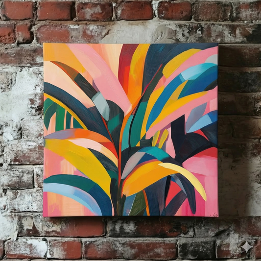 A bright and abstract Plantish canvas of a leafy plant in shades of red, yellow, pink and blue, hanging on a red brick wall. 