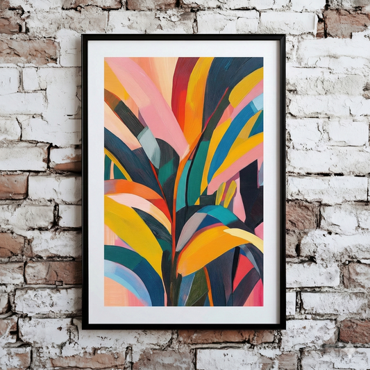 A bright and abstract Plantish print of a leafy plant in shades of red, yellow, pink and blue, hanging on a distressed brick wall. 