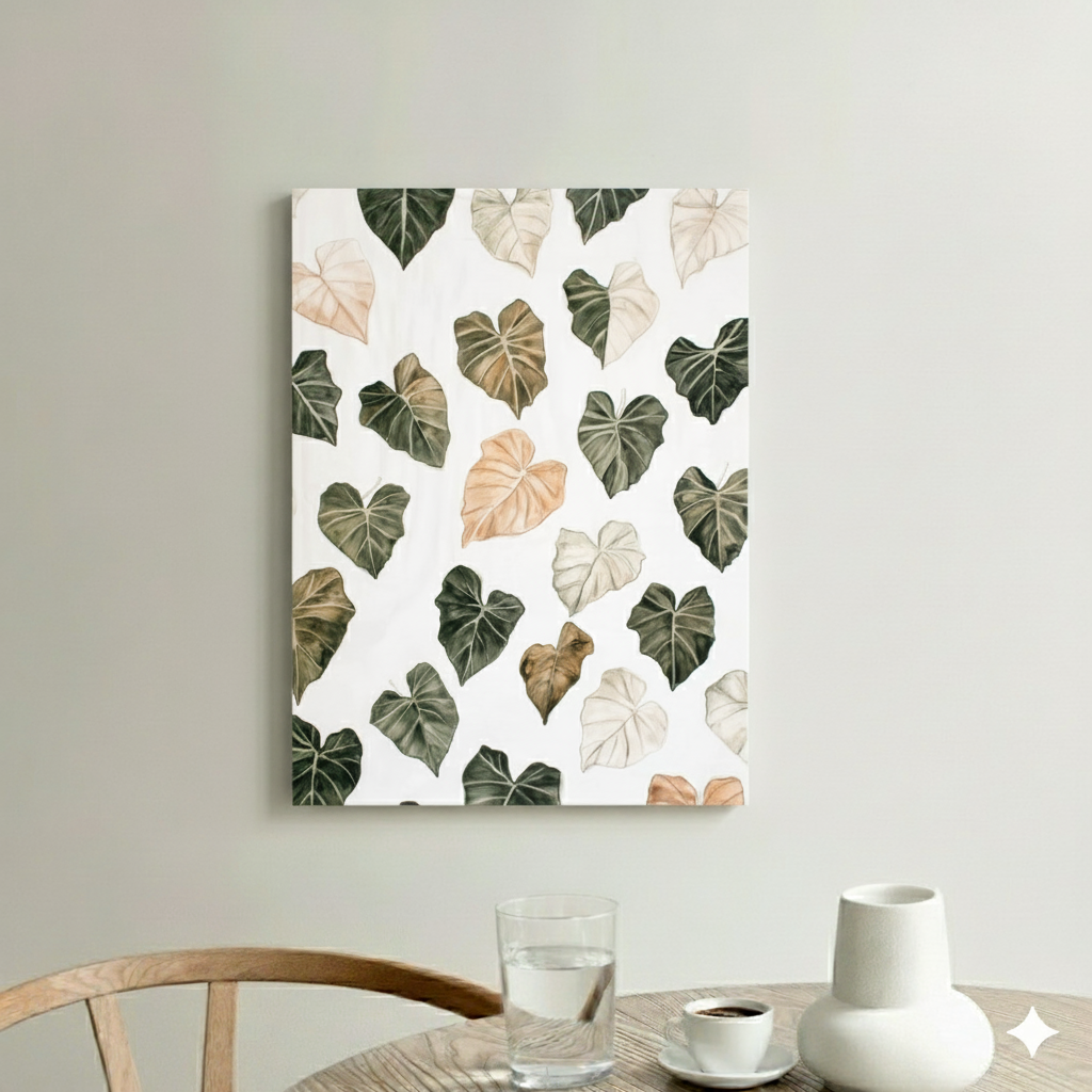 A neutral and boho plant pattern canvas of alocasia leaves in green brown and white variegations, in a bright and neutral kitchen