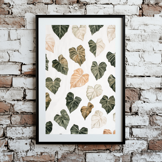 A neutral and boho plant pattern print of alocasia leaves in green brown and white variegations, framed on a brick wall.