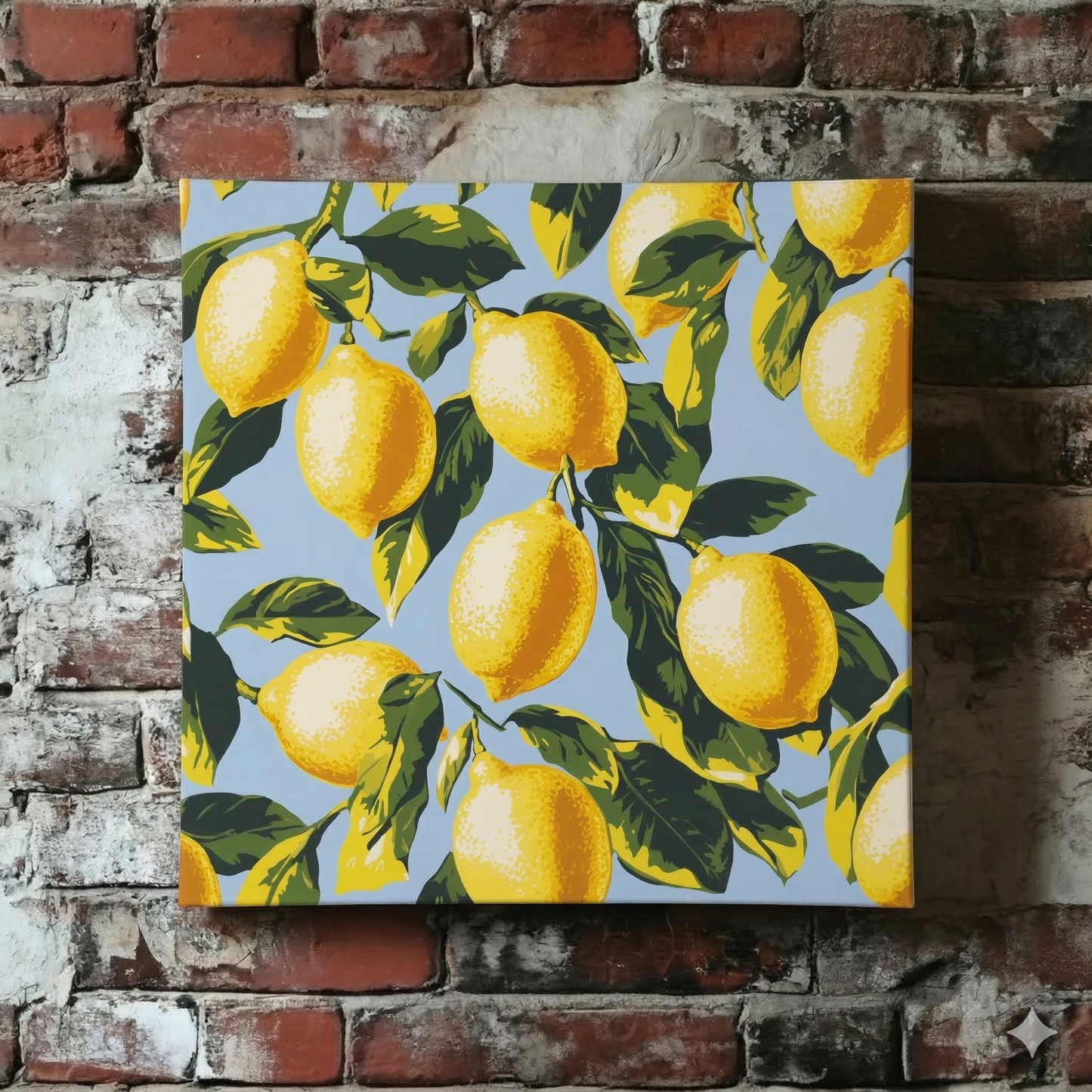 The Plantish Amalafi Lemons canvas of vibrant yellow lemons with green leaves on a pale blue background, mounted on a red brick wall.