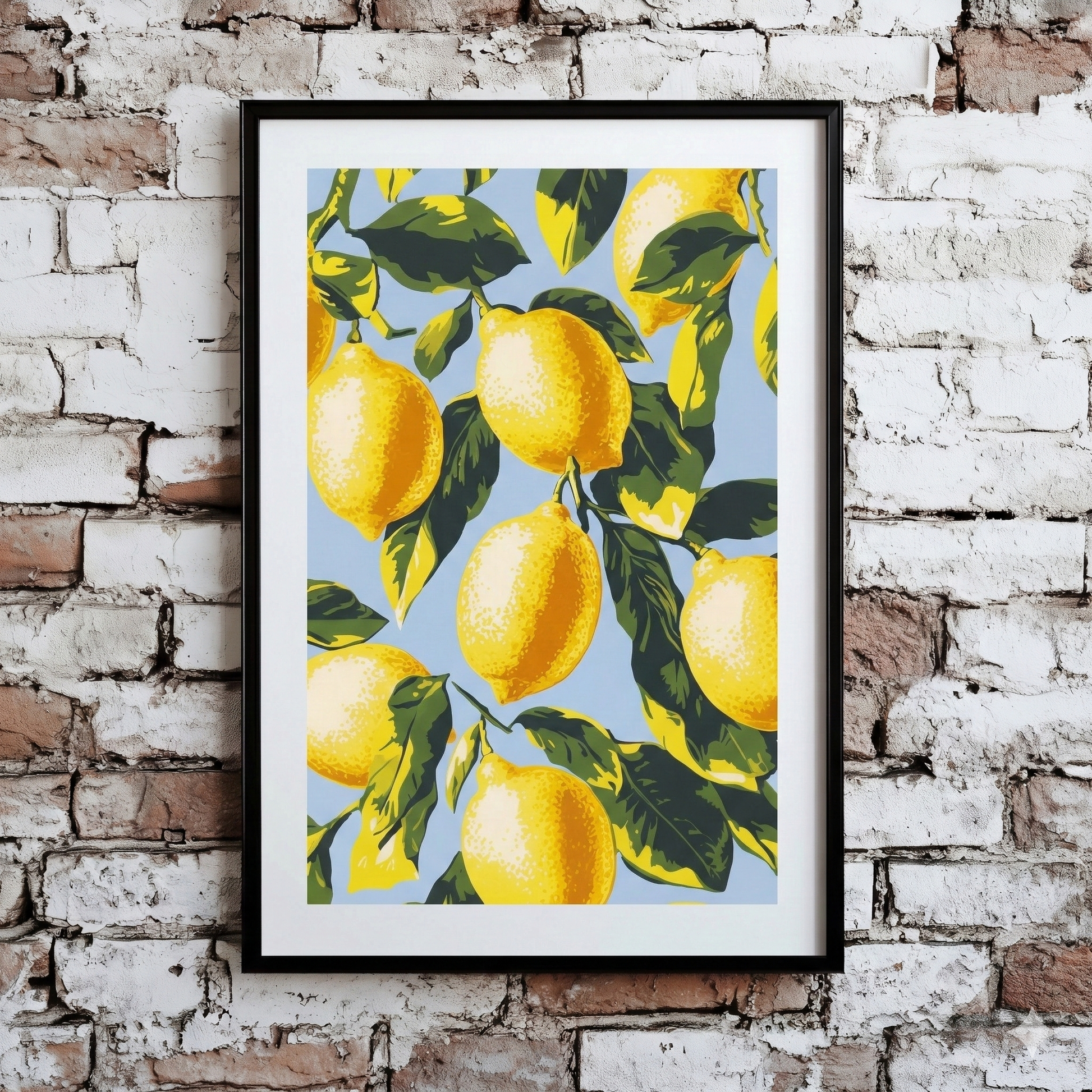 The Plantish Amalafi Lemons print of vibrant yellow lemons with green leaves on a pale blue background, framed on a distressed brick wall.