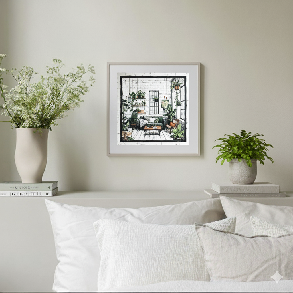 A cosy sketch print of an industrial loft with white brick, black windows and home decor full of plants, in a neutral bedroom