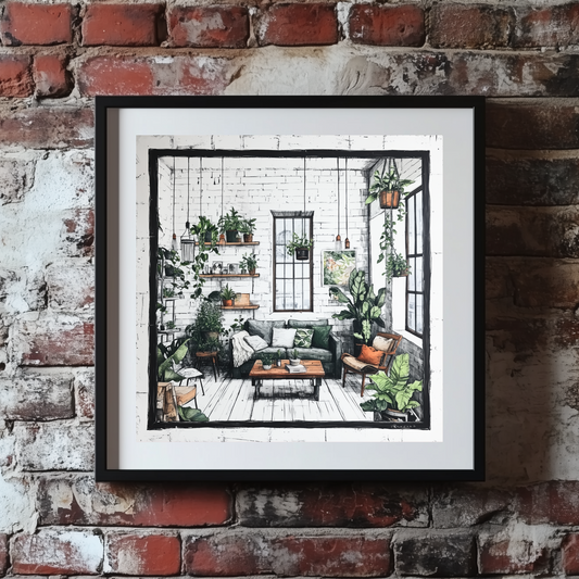 A cozy sketch print of an industrial loft with white brick, black windows and home decor full of plants, framed on a brick wall.