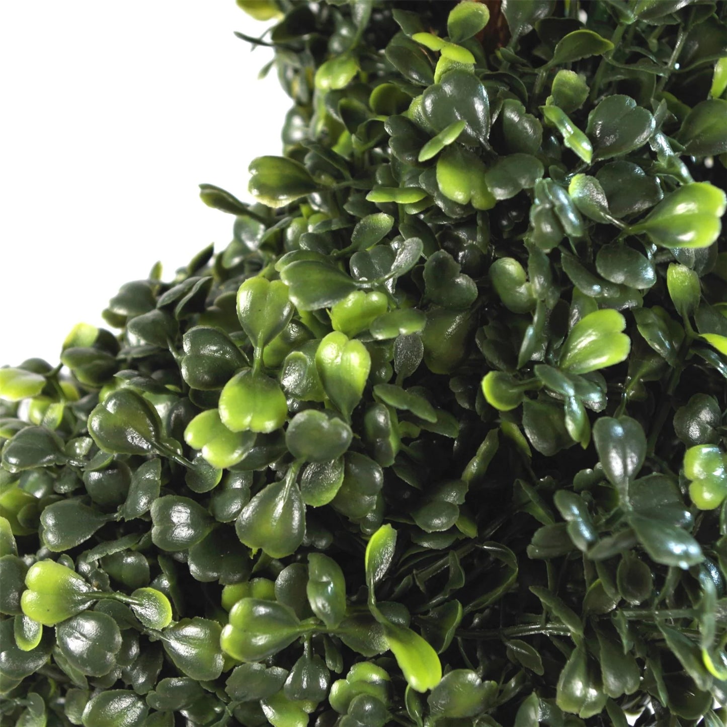 A close up of the Plantish artificial boxwood topiary tree, showcasing the varied green leaves in high detail against a white background.