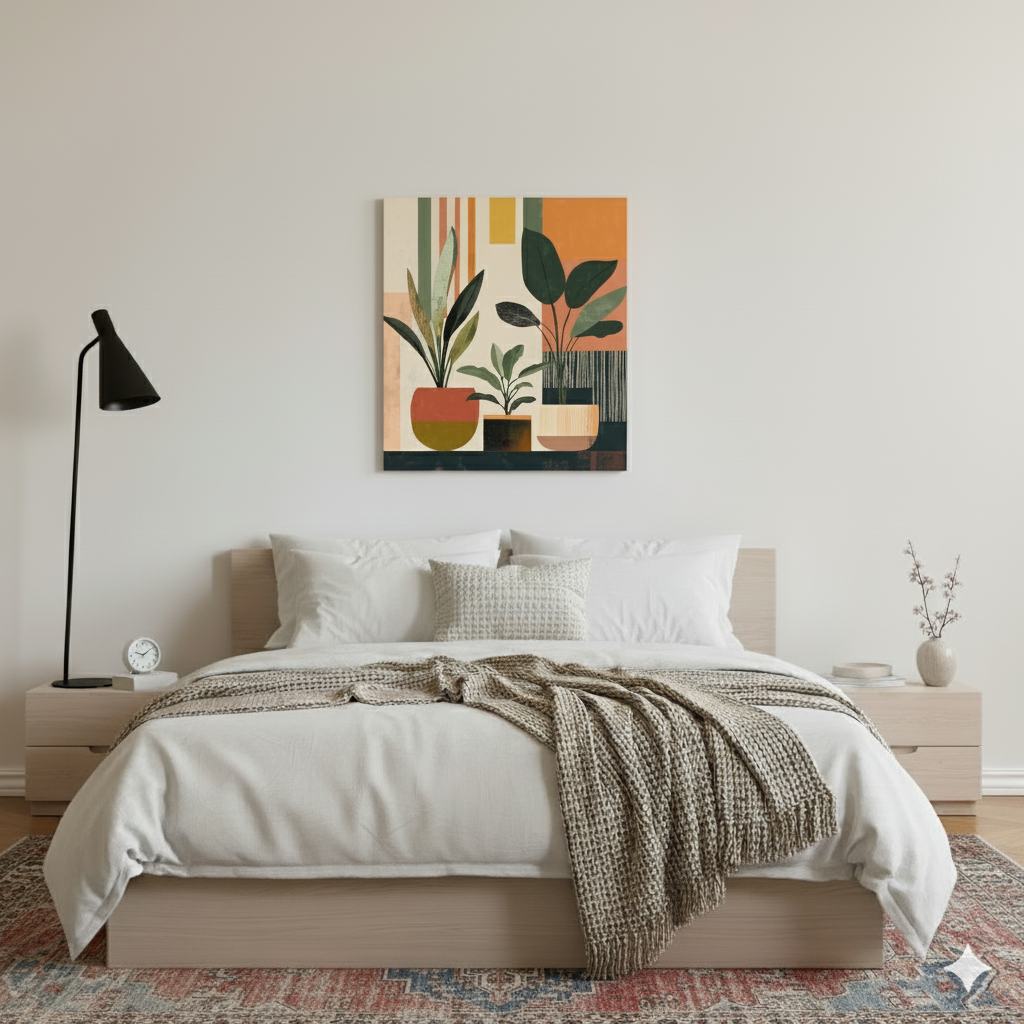 A vibrant bauhaus canvas of green plants and pots in profile, with contemporary orange yellow lines as a background, in a bright bedroom with distressed rug