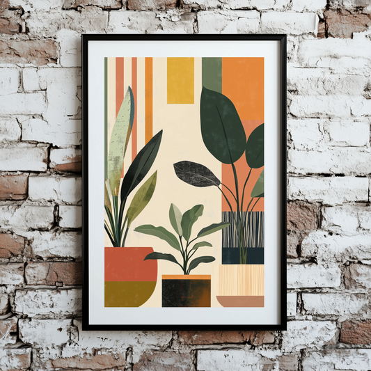 A vibrant bauhaus print of green plants and pots in profile, with contemporary orange yellow lines as a background, framed on a brick wall. 