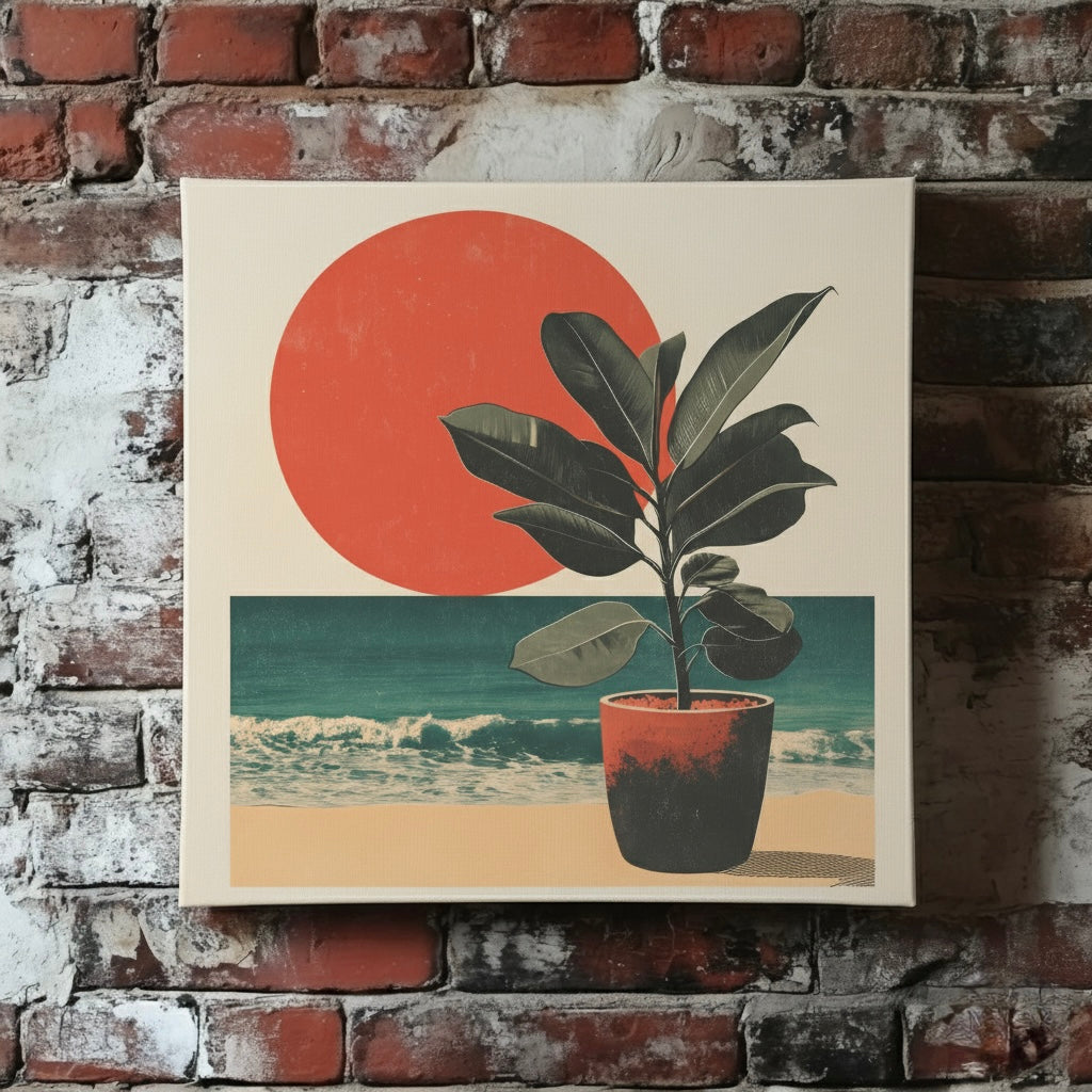 A vintage and moody canvas of a potted dark green rubber plant on a beach and rising giant red sun, mounted on a red brick wall
