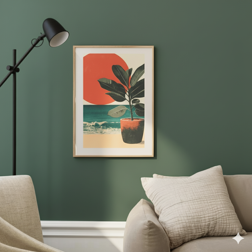 A vintage and moody print of a potted dark green rubber plant on a beach and rising giant red sun, in a contemporary sunlit living room