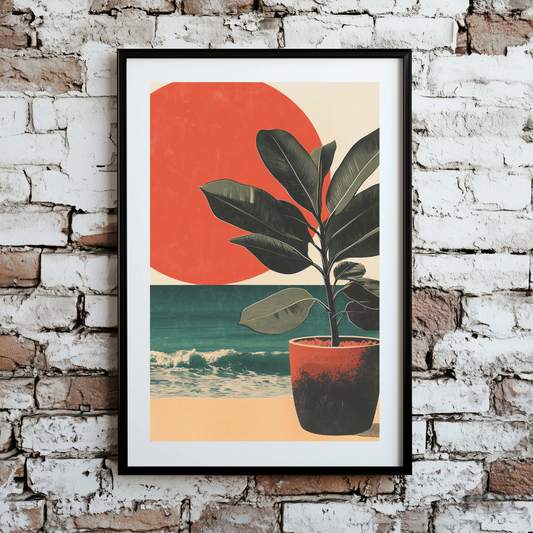 A vintage and moody print of a potted dark green rubber plant on a beach and rising giant red sun, framed on a brick wall.
