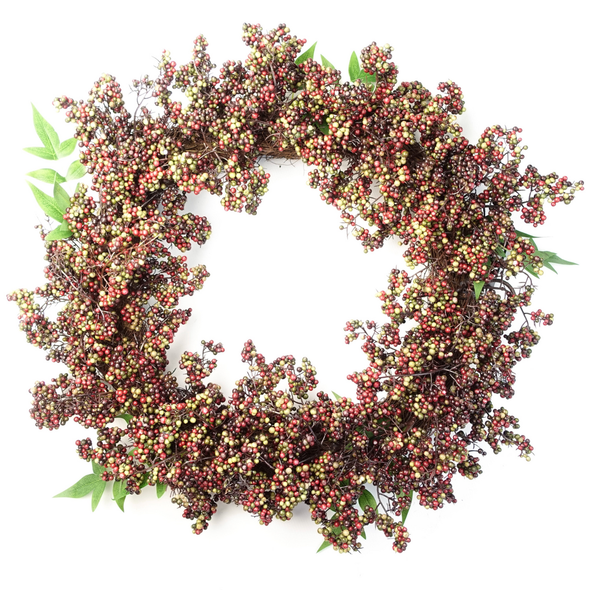 The Plantish 55cm Black Berry Wreath shown front-on, highlighting the black, green and red berries and green leaves. 