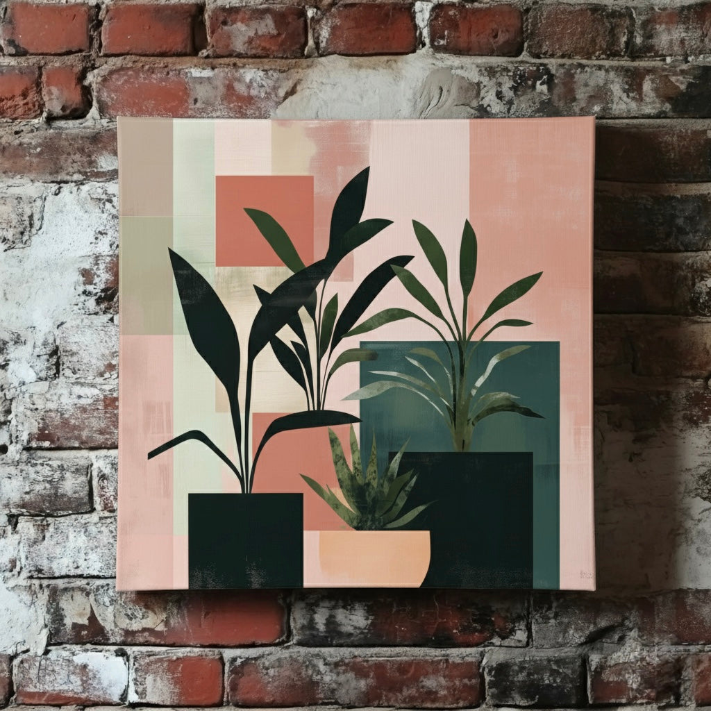 A contemporary canvas of pot plants in silhouette with pink and green blocks behind them, mounted on a red brick wall