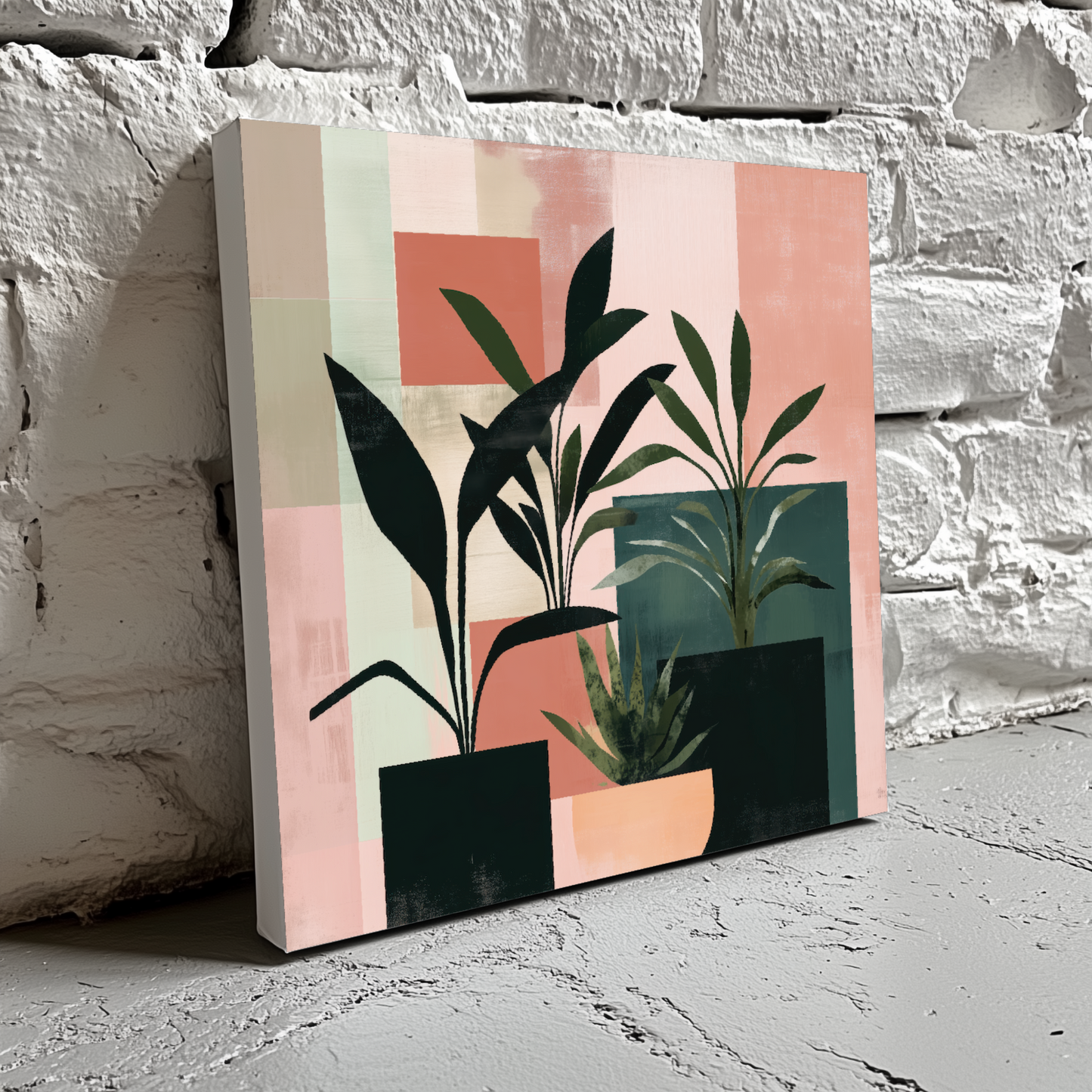 A contemporary canvas of pot plants in silhouette with pink and green blocks behind them, resting on a brick wall. 