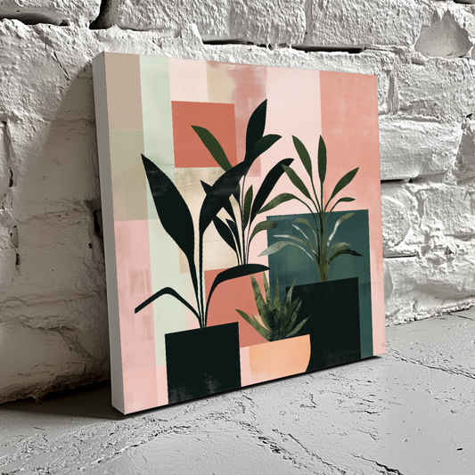 A contemporary canvas of pot plants in silhouette with pink and green blocks behind them, resting on a brick wall. 