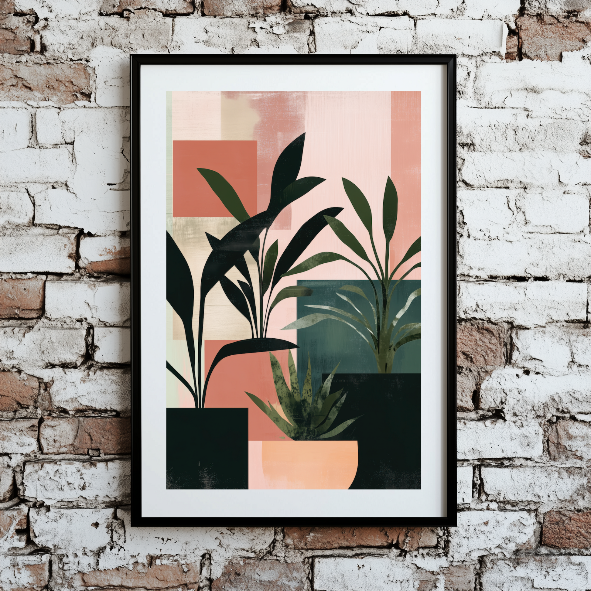 A contemporary print of pot plants in silhouette with pink and green blocks behind them, framed on a brick wall. 