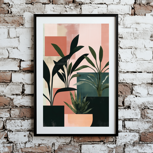 A contemporary print of pot plants in silhouette with pink and green blocks behind them, framed on a brick wall. 