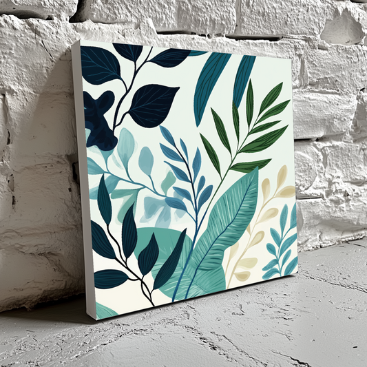 An abstract and vibey pattern canvas of blue and green plant leaves on a white background, resting on a brick wall. 