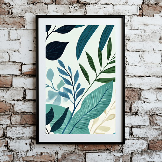 An abstract and vibey pattern print of blue and green plant leaves on a white background, framed on a brick wall. 