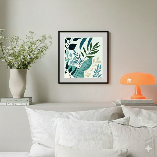 An abstract and vibey pattern print of blue and green plant leaves on a white background, in a cosy neutral bedroom