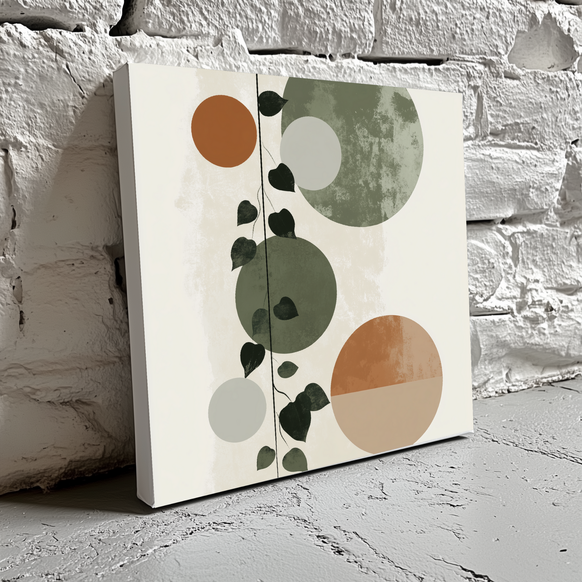 An earthy boho canvas of a trailing green ivy and geometric brown grey and brown circles and white background, resting on a brick wall. 
