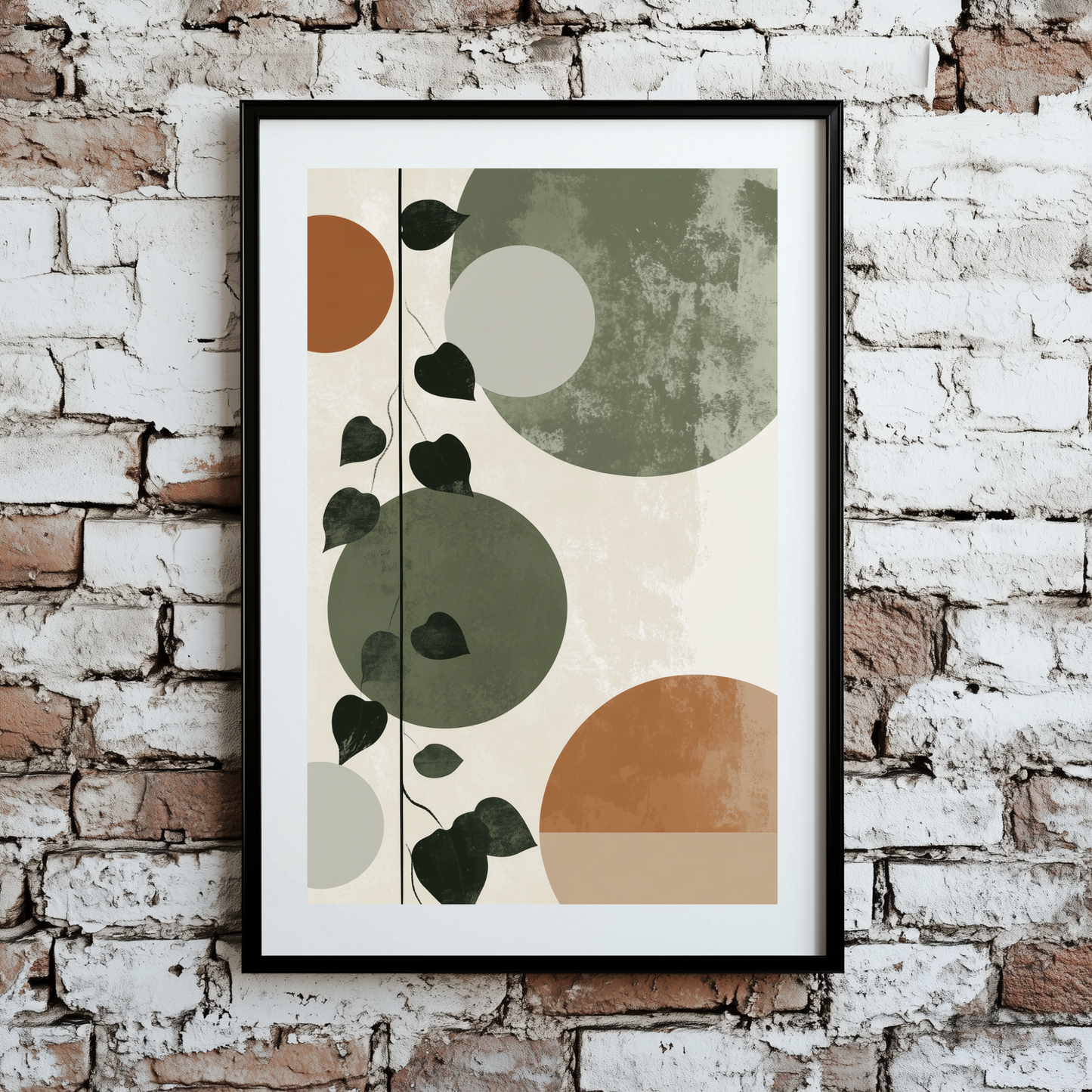 An earthy boho print of a trailing green ivy and geometric brown grey and brown circles and white background, framed on a brick wall. 