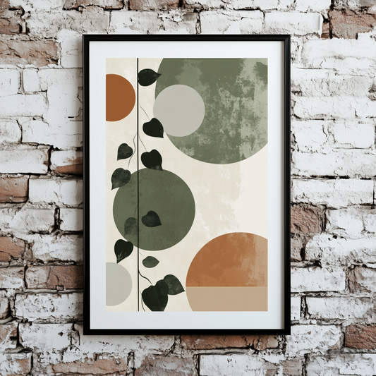 An earthy boho print of a trailing green ivy and geometric brown grey and brown circles and white background, framed on a brick wall. 