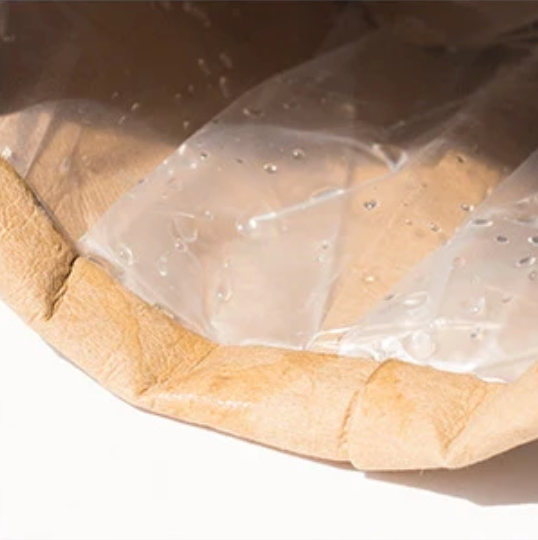 A close up of the interior of the Plantish Brown Kraft Paper Plant Pot showing the water resistant inner liner.