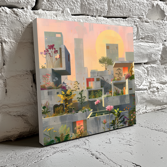 A bright futuristic canvas of flowers and trees growing from sunlit brutalist buildings with a pink sky, resting on a brick wall.  