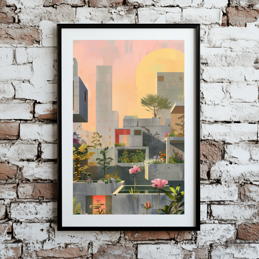 A bright print of flowers and trees growing from sunlit brutalist buildings with a pink sky, framed on a brick wall.  