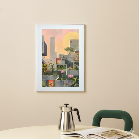 A bright futuristic print of flowers and trees growing from sunlit brutalist buildings with a pink sky, in a modern bright kitchen