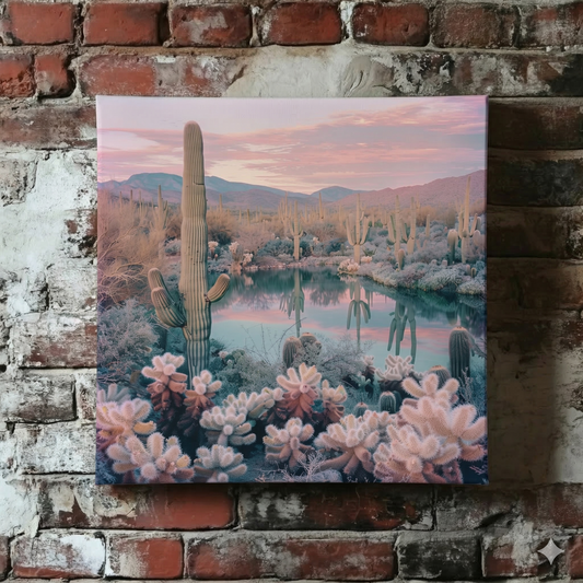 A photorealistic Plantish canvas of a desert oasis full of cacti, shown around a lake that is reflecting the vivid pink sky, hanging on a red brick wall. 