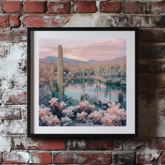 A photorealistic Plantish print of a desert oasis full of cacti, shown around a lake that is reflecting the vivid pink sky, hanging on a red brick wall. 