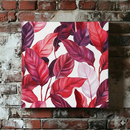 A calming Plantish canvas of red purple and white calathea leaves against a white background, shown hanging on a distressed brick wall. 