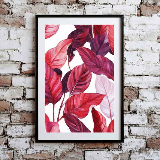 A calming Plantish print of red purple and white calathea leaves against a white background, shown hanging on a distressed brick wall. 