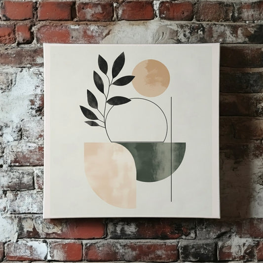 A minimalist boho canvas of a dark green leafy plant with geometric shapes and lines in earthy tones, mounted on a red brick wall
