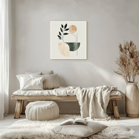 A minimalist boho canvas of a dark green leafy plant with geometric shapes and lines in earthy tones, in a bright minimalistic bohemian room