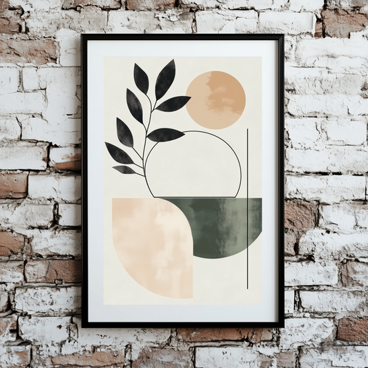 A minimalist boho print of a dark green leafy plant with geometric shapes and lines in earthy tones, framed on a brick wall.