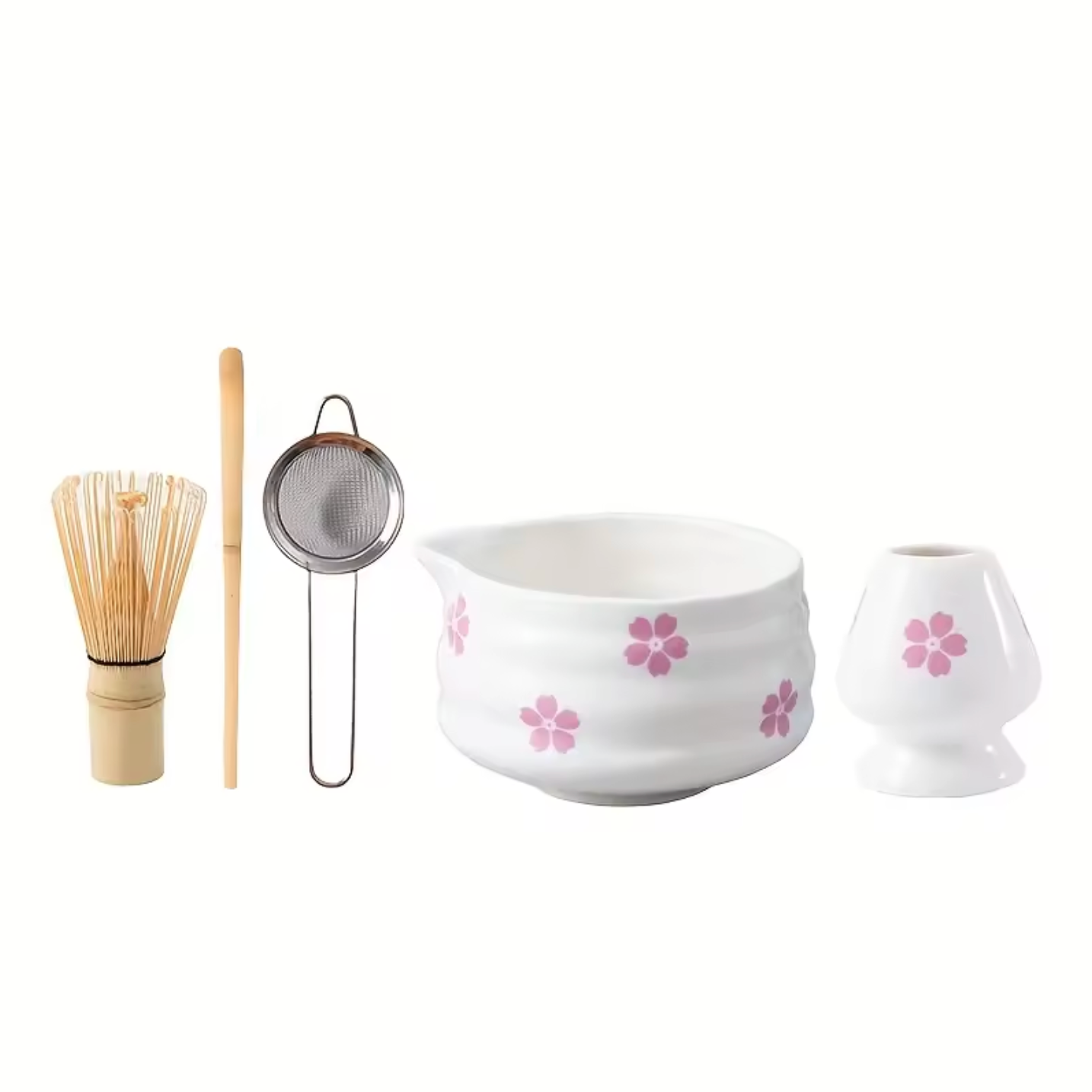 All five elements of the Plantish Cherry Blossom Matcha Set lined up on a white background, showing the whisk, spoon, sieve, bowl and whisk stand left to right.