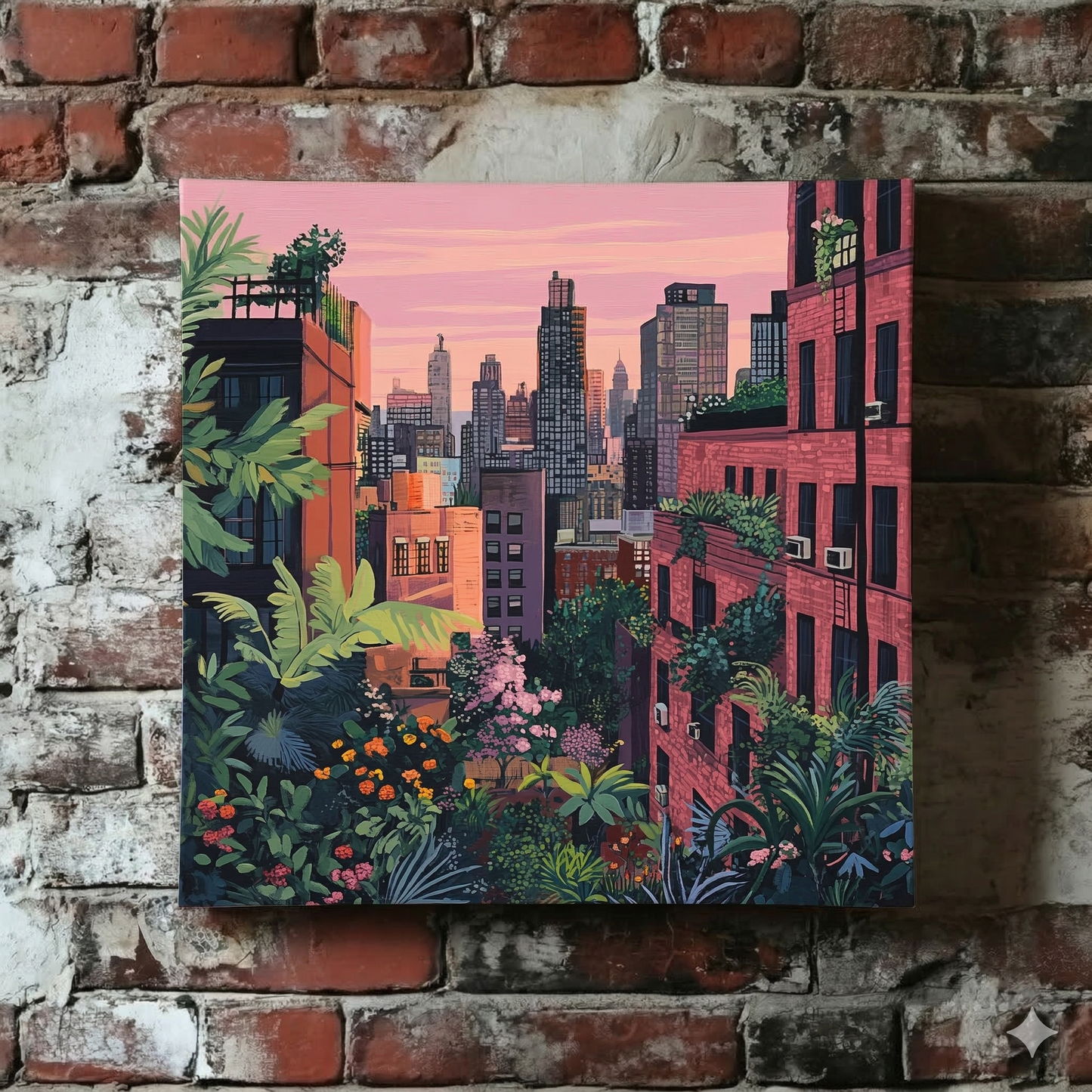 A Plantish canvas of a dense urban scene at purple twilight showing many large buildings as well as bright flowers in the foreground, hanging on a red brick wall.