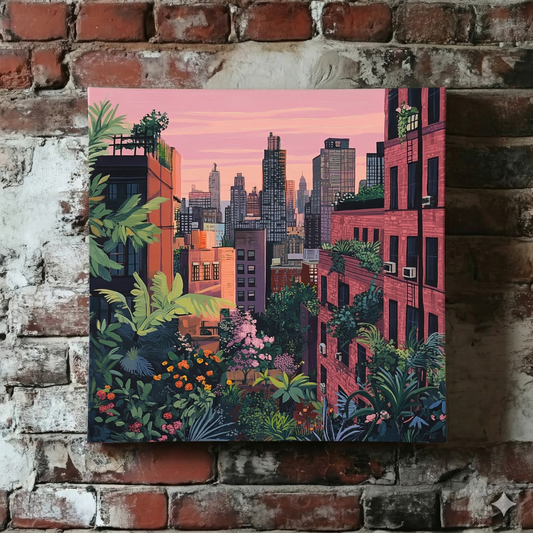 A Plantish canvas of a dense urban scene at purple twilight showing many large buildings as well as bright flowers in the foreground, hanging on a red brick wall.