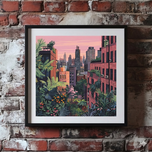 A Plantish print of a dense urban scene at purple twilight showing many large buildings as well as bright flowers in the foreground, hanging on a red brick wall.