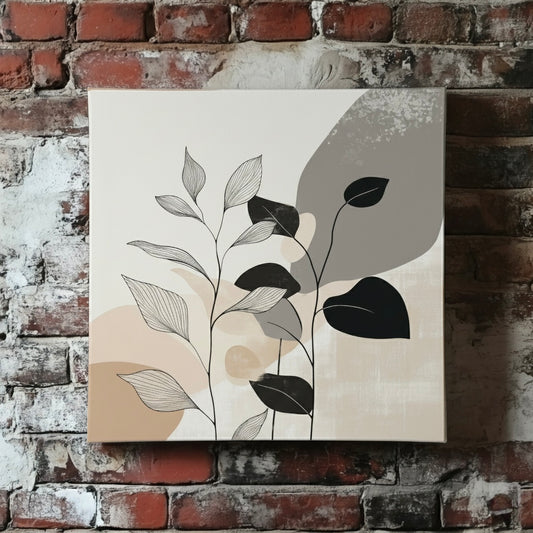 A soft earthy canvas of two leafy stems, one black one white, with abstract shapes in the background in neutral tones, mounted on a red brick wall