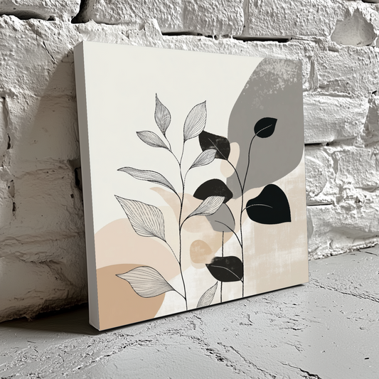 A soft earthy canvas of two leafy stems, one black one white, with abstract shapes in the background in neutral tones, resting on a brick wall. 