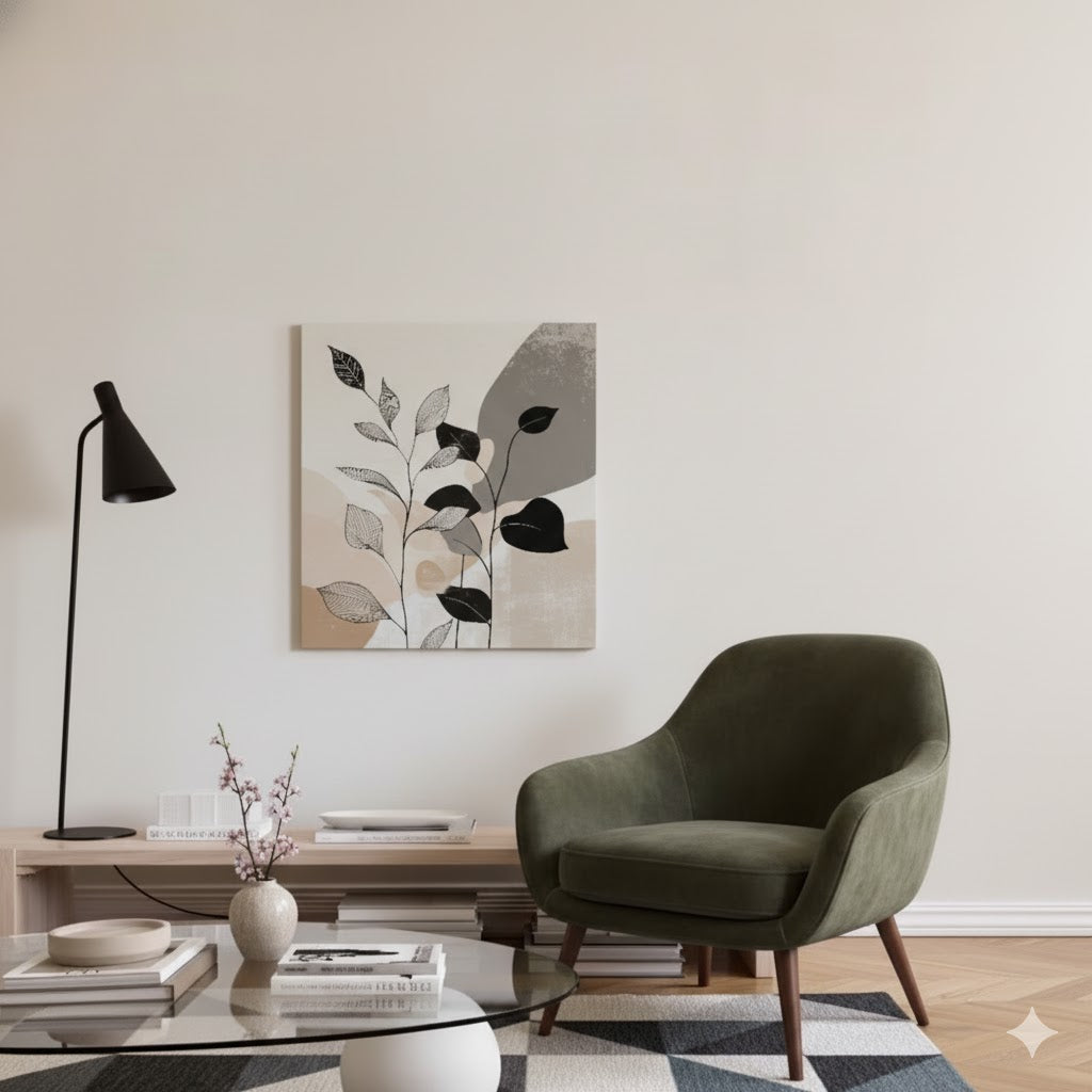 A soft earthy canvas of two leafy stems, one black one white, with abstract shapes in the background in neutral tones, in a bright scandinavian living room 