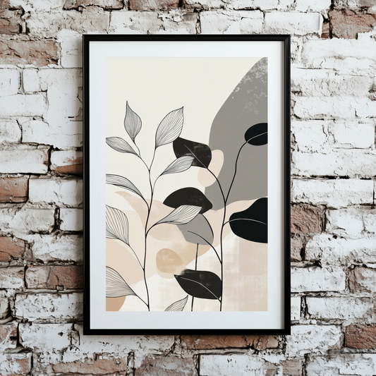 A soft earthy print of two leafy stems, one black one white, with abstract shapes in the background in neutral tones, framed on a brick wall. 